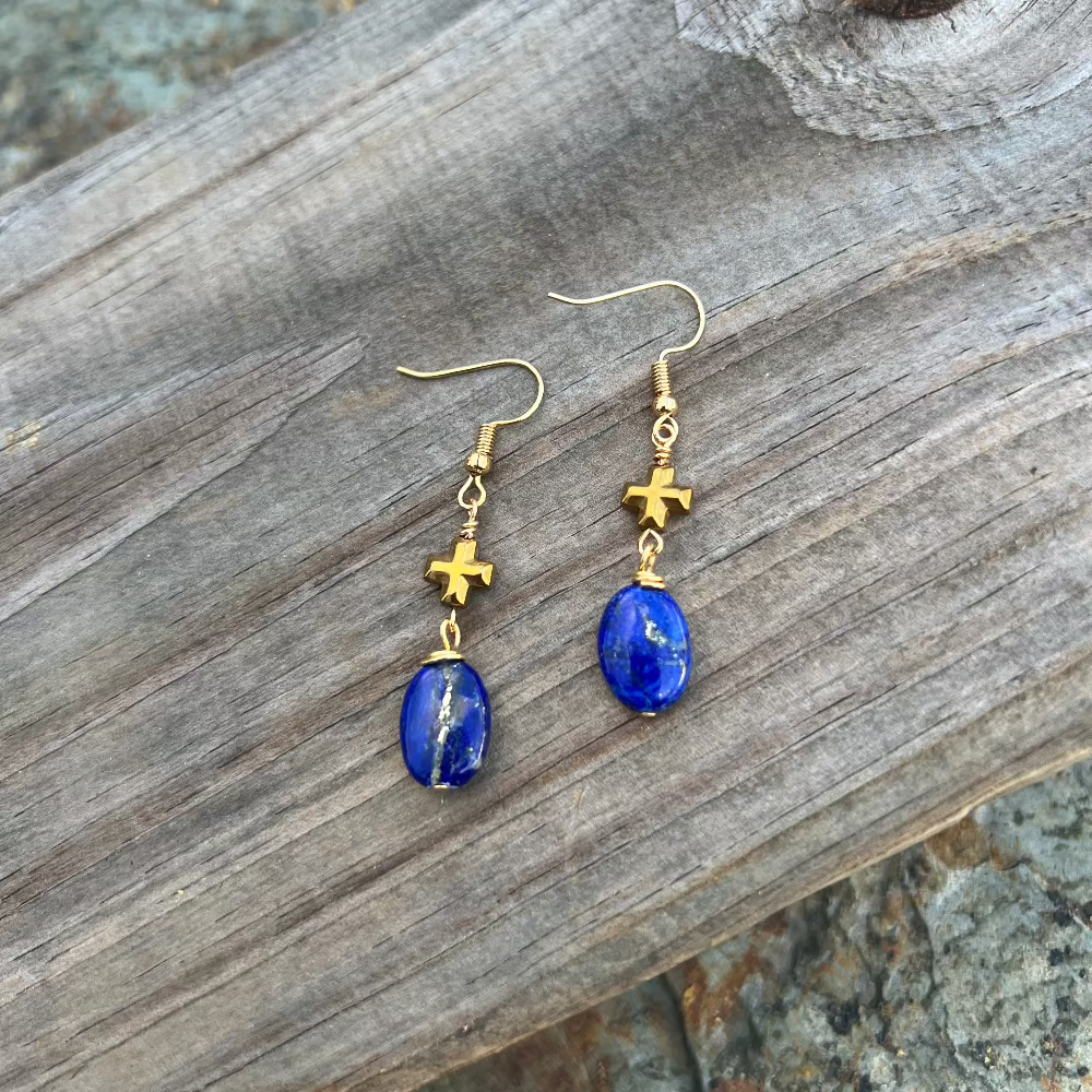 Hematite Cross and Blue Lapis Earrings