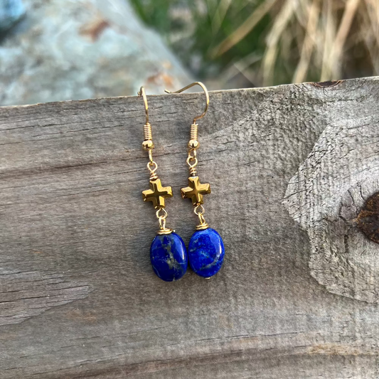 Hematite Cross and Blue Lapis Earrings