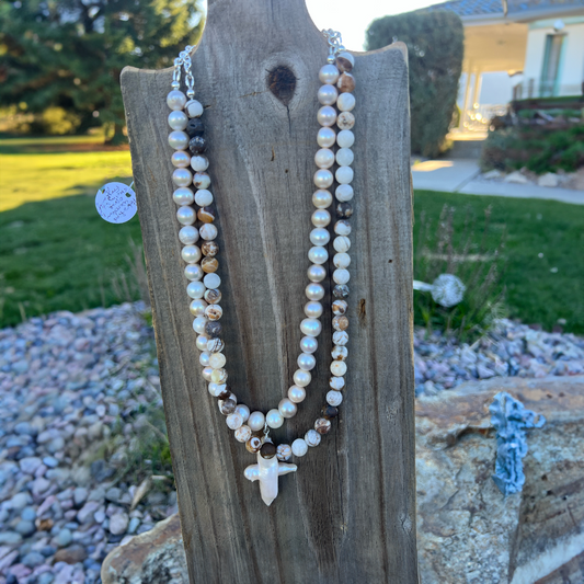 Pearl Cross and Petrified Wood Opal Necklace