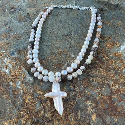Pearl Cross and Petrified Wood Opal Necklace