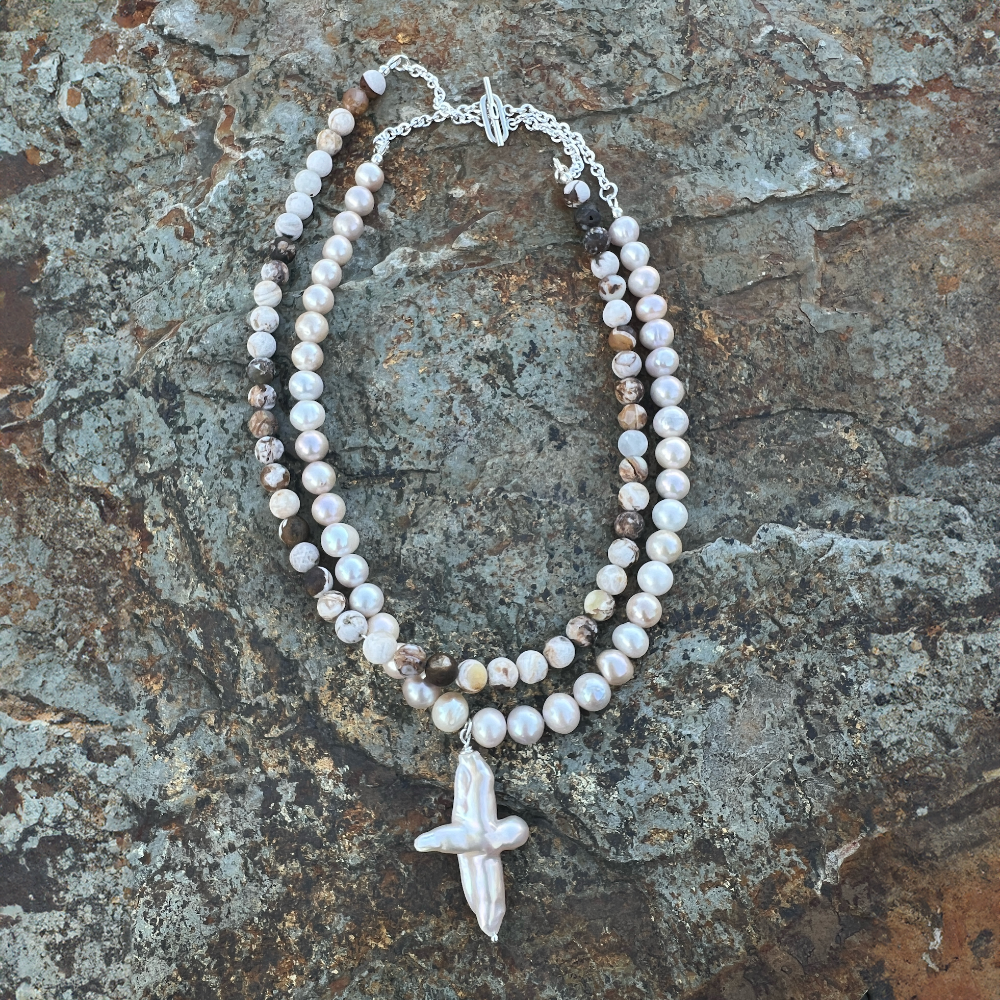 Pearl Cross and Petrified Wood Opal Necklace